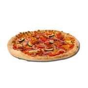 Vegetable pizza with various toppings on a white background