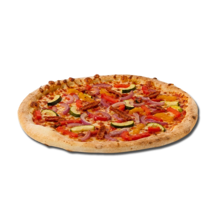 Vegetable pizza with various toppings on a white background